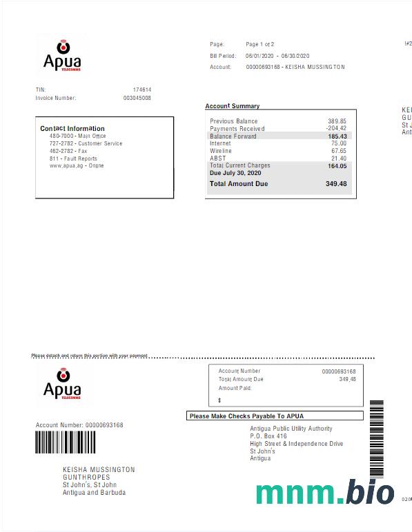 Antigua i Barbuda Apua rachunek za media słowo i szablon PDF